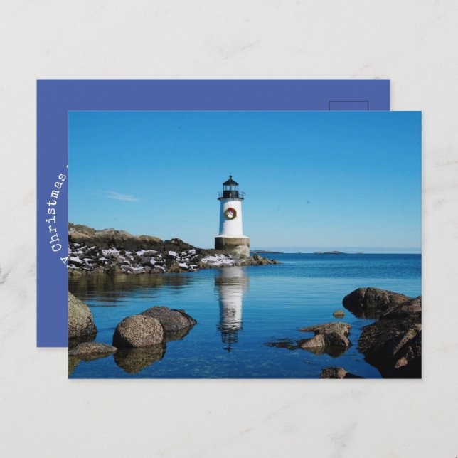 Merry Christmas Wreath Salem Lighthouse Holiday Postcard (Front/Back)