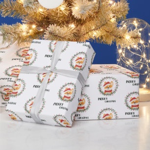 Merry Christmas Wreath Santa Puppy Fun Happy  Wrapping Paper