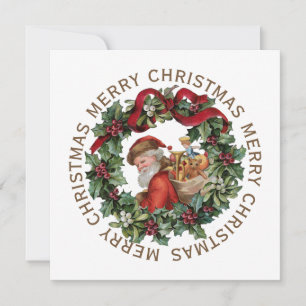Merry Christmas Wreath Santa Vintage Red Bow Holly Holiday Card