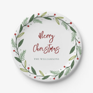 Merry Christmas Wreath Script  Modern Holiday Paper Plate