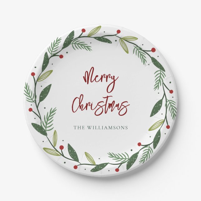 Merry Christmas Wreath Script  Modern Holiday Paper Plate (Front)