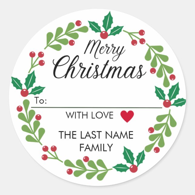 Merry Christmas Wreath Stickers with Heart To From (Front)