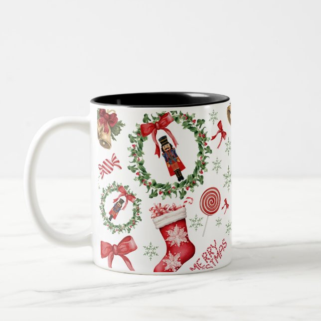 Merry Christmas Wreath Stockings Candy Bow Mug (Left)