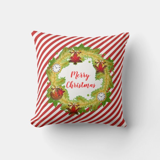 Merry Christmas Wreath & Stripes Cushion (Front)