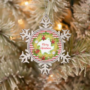 Merry Christmas Wreath & Stripes Snowflake Pewter Christmas Ornament