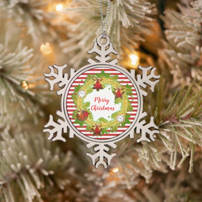 Merry Christmas Wreath & Stripes Snowflake Pewter Christmas Ornament (Tree)