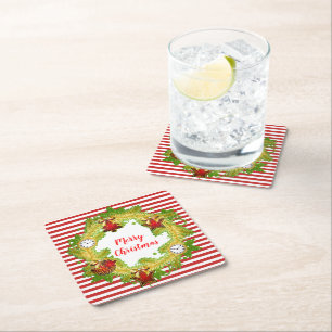 Merry Christmas Wreath & Stripes Square Paper Coaster