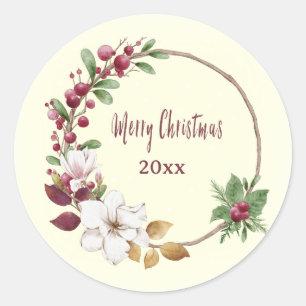 Merry Christmas Wreath with Custom Year Gift Classic Round Sticker