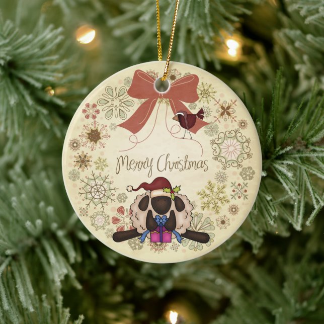 Merry Christmas Wreath with Cute Sheep and Bird Ceramic Tree Decoration (Tree)