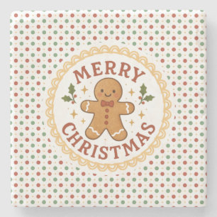 Merry Christmas wreath with gingerbread man Stone Coaster