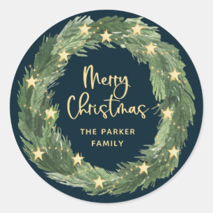 Merry Christmas Wreath with Gold Stars on Blue Classic Round Sticker