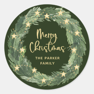 Merry Christmas Wreath with Gold Stars on Green Classic Round Sticker