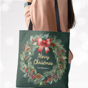 Merry Christmas Wreath with Red Bow Personalised Tote Bag