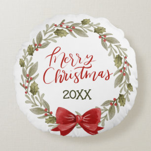 Merry Christmas Wreath with Red Bow Round Cushion