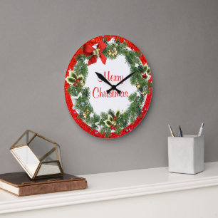 Merry Christmas Wreath with Red Glitter Holiday Large Clock