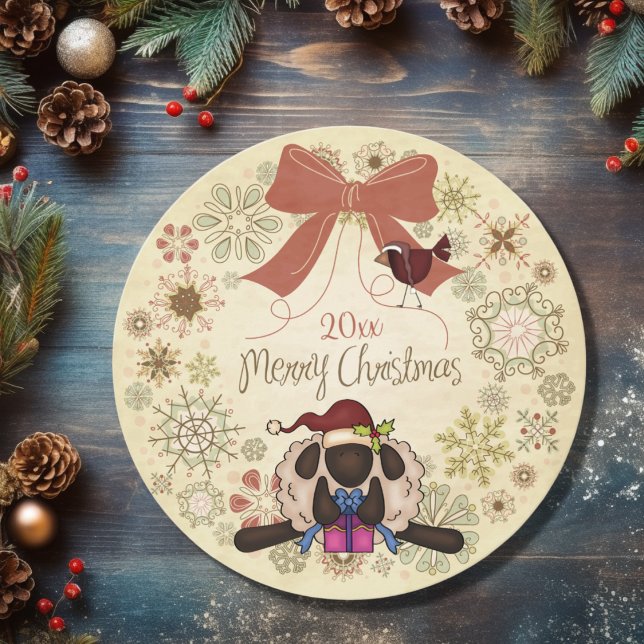 Merry Christmas Wreath with Santa Sheep and Bird Holiday Card (Front - Merry Christmas Wreath with Santa Sheep and Bird Holiday Card)