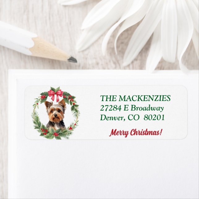 Merry Christmas Wreath Yorkie Return Address Label (Insitu)