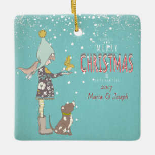 Merry Christmas- X-mas Girl Dog editable Text on C Ceramic Tree Decoration