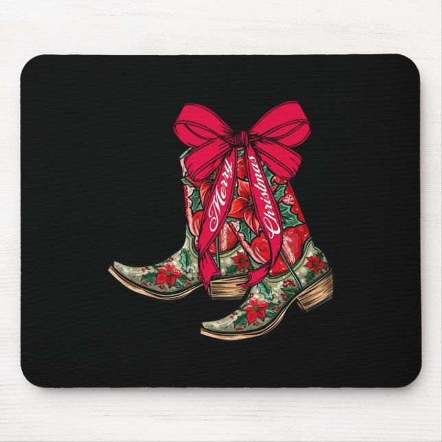 Merry Christmas Xmas Cowboy Boots Coquette Bow Paj Mouse Pad (Front)