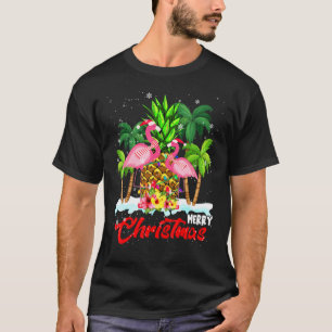 Merry Christmas Xmas Lights Santa Flamingo Couple  T-Shirt