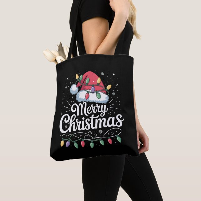 Merry Christmas Xmas Lights Santa Hat Family Tote Bag (Close Up)
