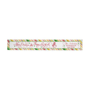 Merry Christmas Xmas Snowman Stripe Return Address Wrap Around Label