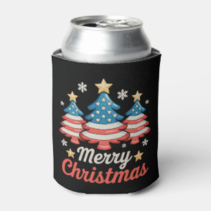 Merry Christmas Xmas Tree American US Flag Can Cooler