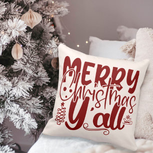 Merry Christmas Y’all Typography Holiday Cream Cushion