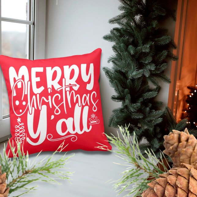 Merry Christmas Y’all Typography Holiday Red Cushion (Creator Uploaded)