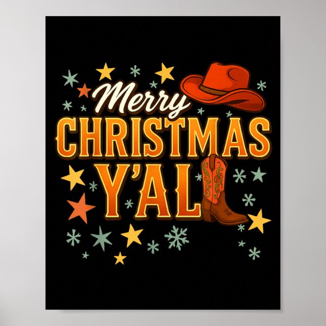Merry Christmas Y’all Western Cowboy Cowgirl Boot  Poster (Front)