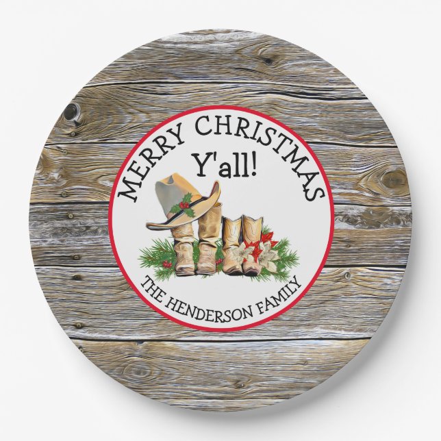 Merry Christmas Y'all Country and Western Rustic  Paper Plate (Front)