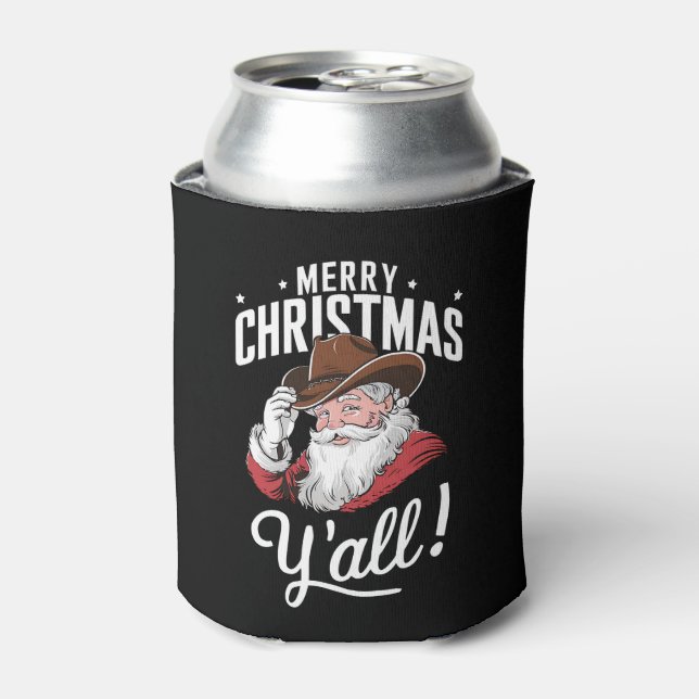 Merry Christmas Y'all Country Cowboy Santa Claus Can Cooler (Can Front)
