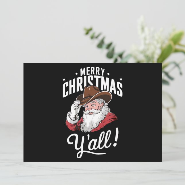 Merry Christmas Y'all Country Cowboy Santa Claus Holiday Card (Standing Front)