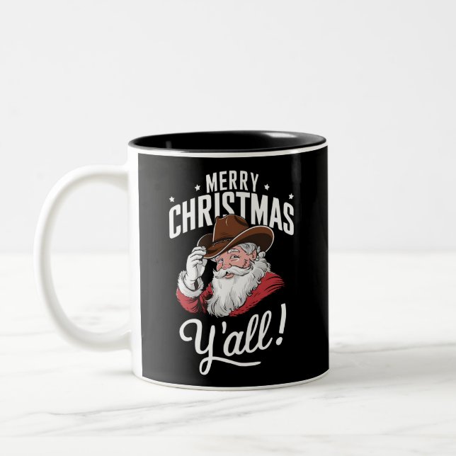 Merry Christmas Y'all Country Cowboy Santa Claus Two-Tone Coffee Mug (Left)