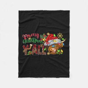 Merry Christmas Y'all Cute Highland Cow Christmas Fleece Blanket
