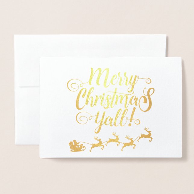 Merry Christmas Y'all Fancy Script Foil Blank Card (Front With Envelope)