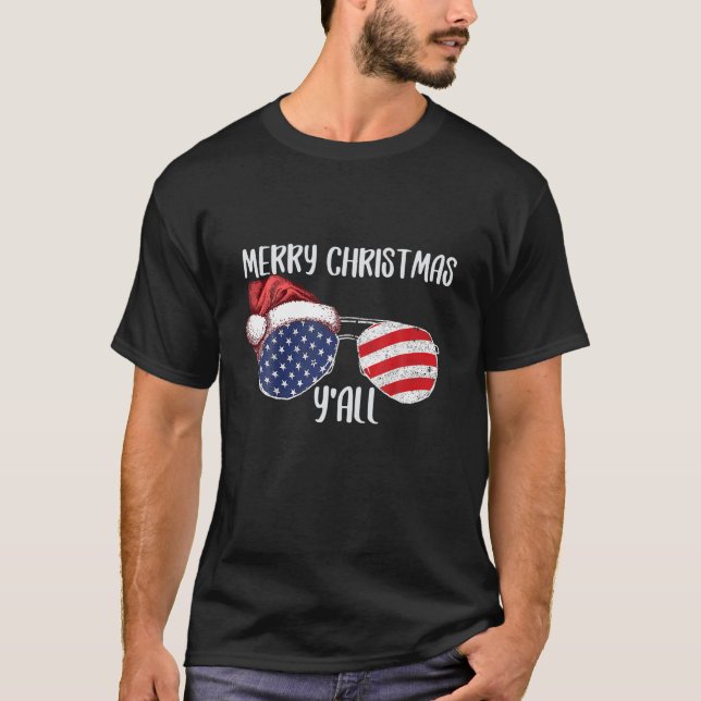 Merry Christmas Y'all Funny American Flag Sunglass T-Shirt (Front)