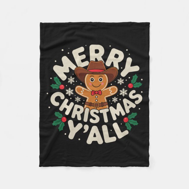 Merry Christmas Yall Gingerbread Cowboy Howdy West Fleece Blanket (Front)