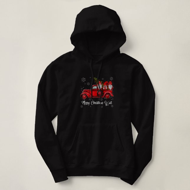 Merry Christmas Y'all Gnomes Santa Retro Red Truck Hoodie (Design Front)