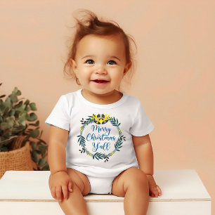 Merry Christmas Y'all Green and Yellow Wreath Baby T-Shirt