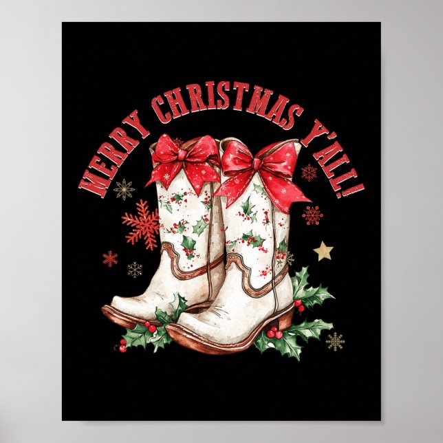 Merry Christmas Y'all Howdy Christmas Boots Cowgir Poster (Front)