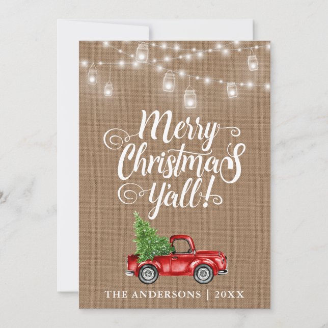 Merry Christmas Y'all Jar Lights Truck Burlap Holiday Card (Front)