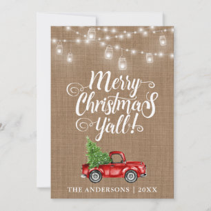 Merry Christmas Y'all Jar Lights Truck Burlap Holiday Card