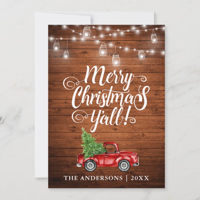 Merry Christmas Y'all Jar Lights Truck Wood Holiday Card (Front)