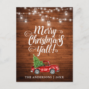 Merry Christmas Y'all Jar Lights Truck Wood Postcard