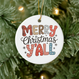 Merry Christmas Y'all Leopard Buffalo Plaid Xmas Ceramic Ornament
