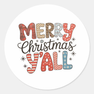 Merry Christmas Y'all Leopard Buffalo Plaid Xmas Classic Round Sticker
