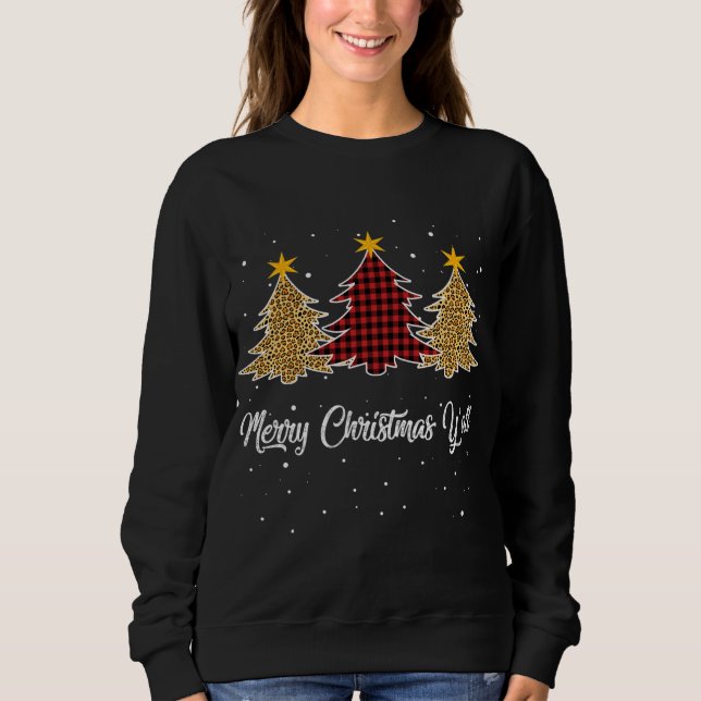 Merry Christmas Y'all Leopard Plaid Xmas Tree Cost Sweatshirt (Front)