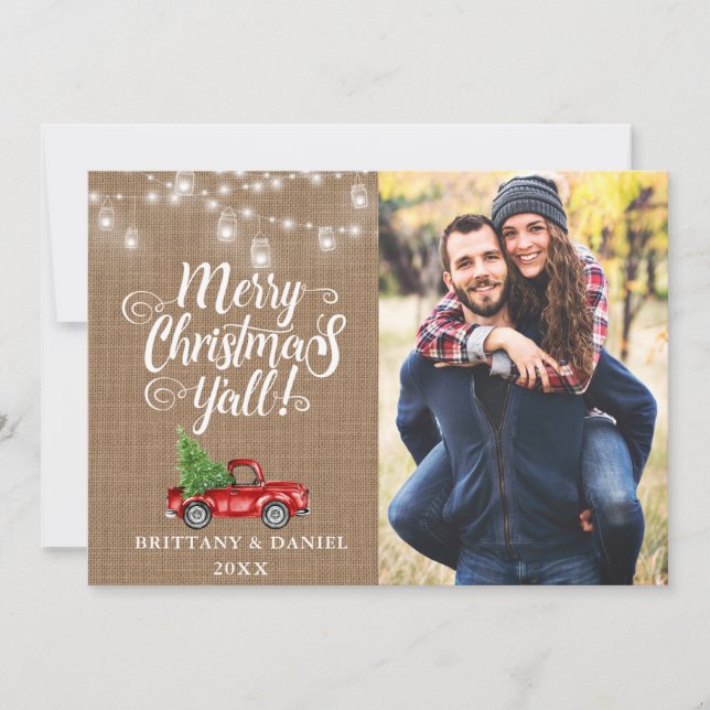 Merry Christmas Y'all Lights Burlap Truck Photo Holiday Card (Front)