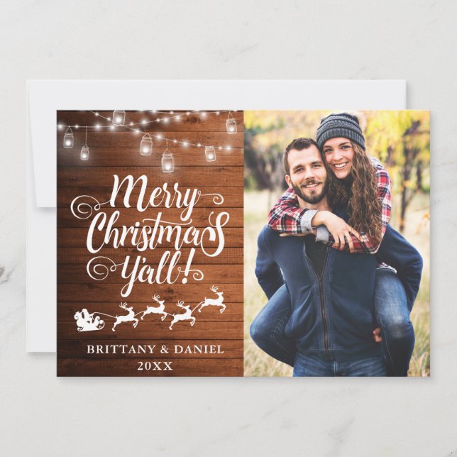 Merry Christmas Y'all Lights Wood Couple Photo Holiday Card (Front)